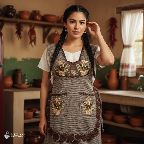 Brown Mexican Embroidered Smock Apron – Floral Traditional Design for Women - Picture 2 of 8